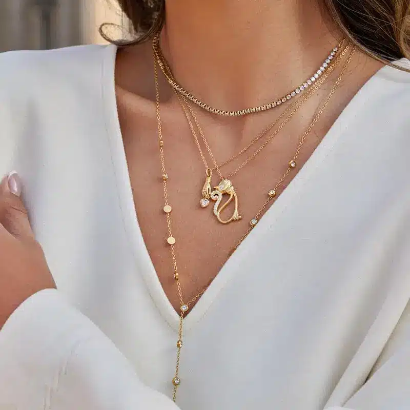 Stainless Steel Jewelry 2 Multi-Layer Long Gold Stainless Steel Necklace with Y-Shape Lariat and Geometric Pendants