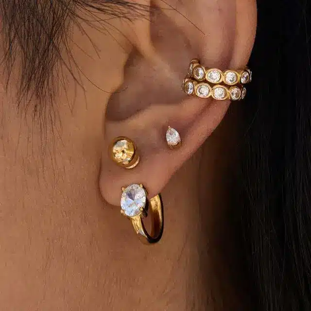 Stainless Steel Jewelry 22 Gold heart charm hoop earrings and star ear cuff set - Cute Jewelry