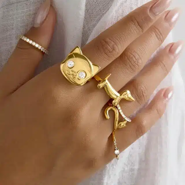 Stainless Steel Jewelry 29 Cute cat face gold plated rings set stainless steel - OEM Service