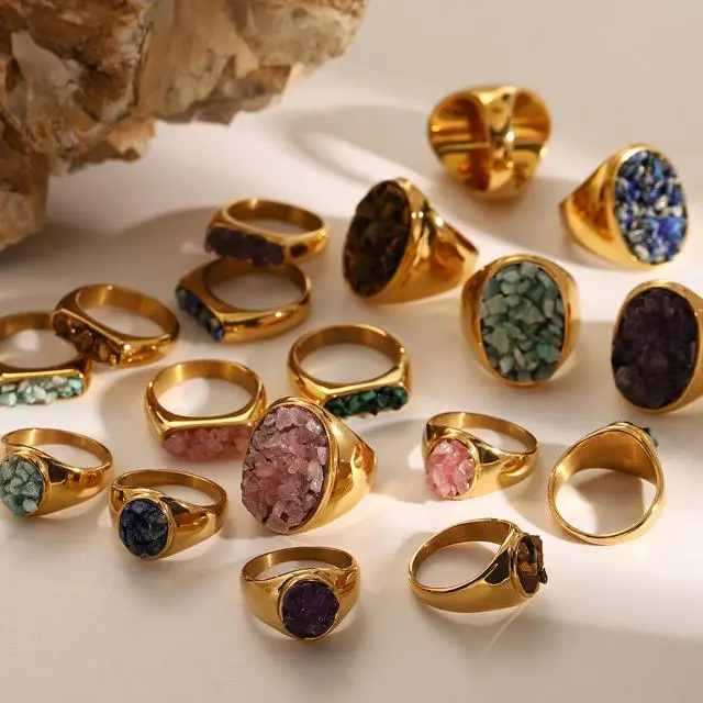 Stainless Steel Jewelry 37 Assorted gold plated stainless steel rings with colorful natural stones - Wholesaler