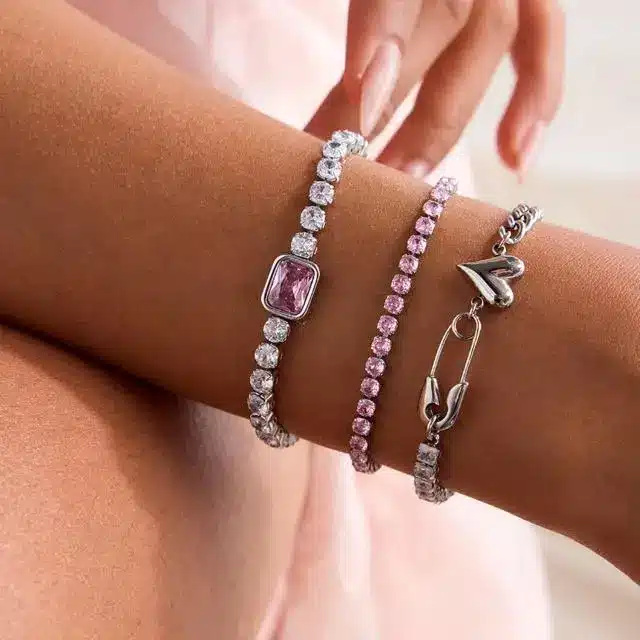 Stainless Steel Jewelry 49 Pink crystal tennis bracelet and heart charm silver chain set