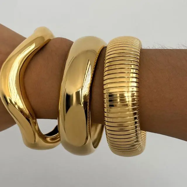 Stainless Steel Jewelry 46 Chunky irregular wave and ribbed gold bangle set