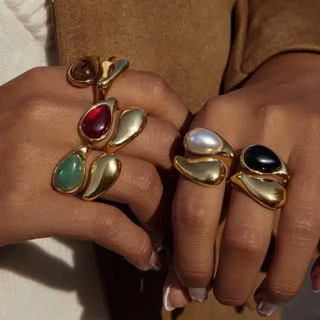 Stainless Steel Jewelry 27 Chunky gold dome rings with colorful gemstones and pearl - Stainless Steel