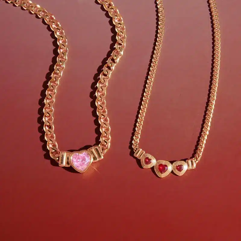 Stainless Steel Jewelry 4 Chunky Gold Stainless Steel Cuban Chain Necklace with Pink Heart Gemstone Centerpiece - Trendy Jewelry