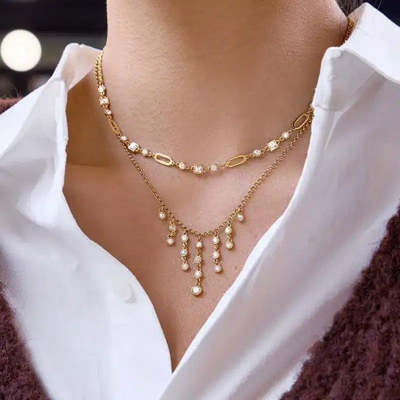 Stainless Steel Jewelry 6 Double Layer Gold Stainless Steel Necklace with Pearl Beaded Chain and Fringe Tassel