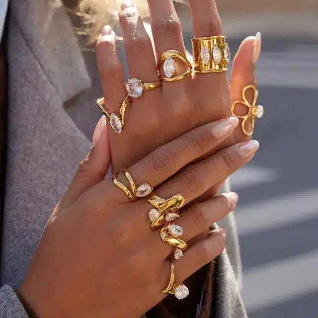 Stainless Steel Jewelry 28 Gold snake spiral rings layered set on hand - Fashion Jewelry Wholesale