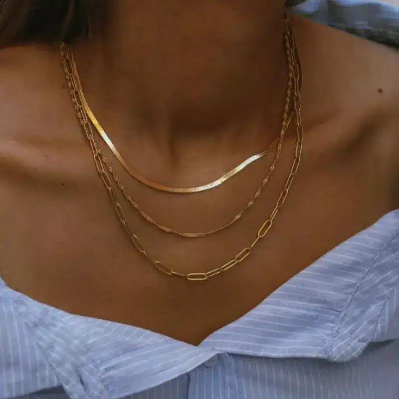 Stainless Steel Jewelry 11 Trendy Triple Layer Necklace Set from gold filled jewelry manufacturer honho featuring Gold Plated Snake and Paperclip Chain - Stainless Steel Manufacturer