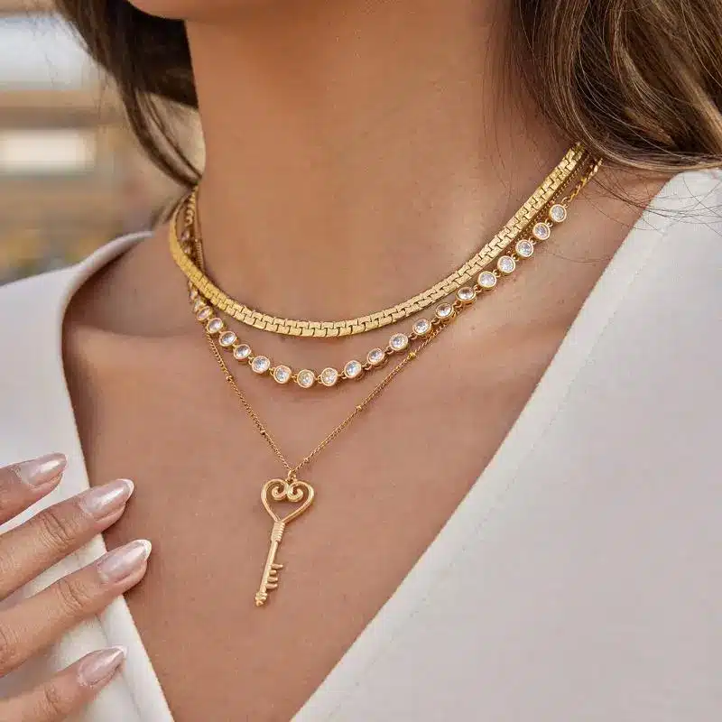 Stainless Steel Jewelry 8 Luxury Gold Stainless Steel Tennis Chain and Snake Chain Layered Necklace with Key Pendant - Custom Jewelry