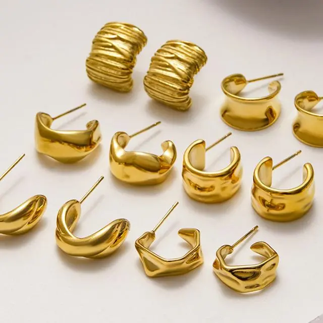Stainless Steel Jewelry 19 Textured gold croissant hoop earrings collection - Tarnish Free