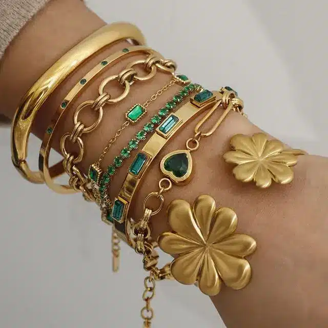 Stainless Steel Jewelry 48 Green emerald tennis chain and gold flower charm bracelet stack