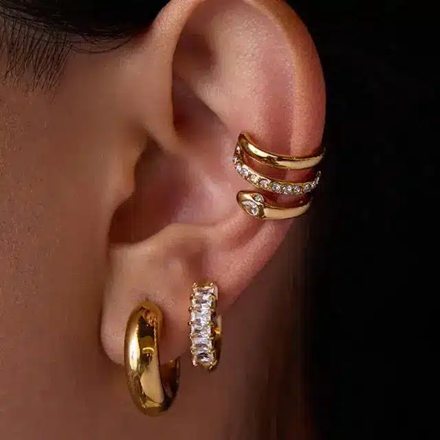 Stainless Steel Jewelry 16 Stacked gold ear cuffs and crystal huggie earrings set