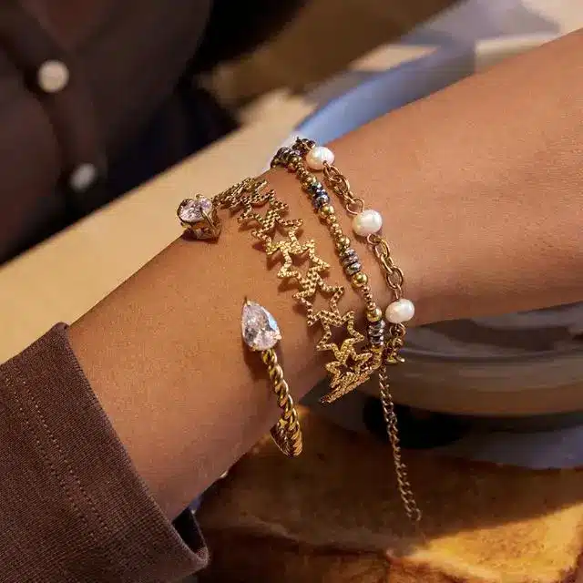 Stainless Steel Jewelry 39 Bohemian butterfly charm bracelet set with pearl accents