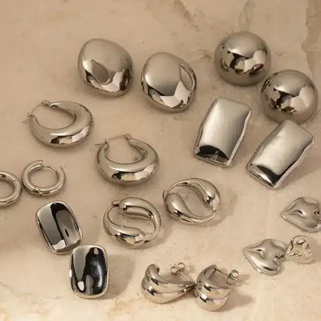 Stainless Steel Jewelry 14 Assorted silver tone stainless steel chunky hoop earrings set