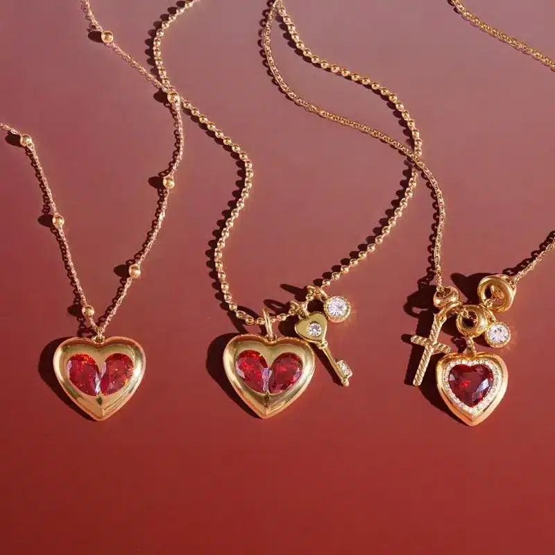 Gold Tone Stainless Steel Chain Necklace with Red Cubic Zirconia Heart Pendant