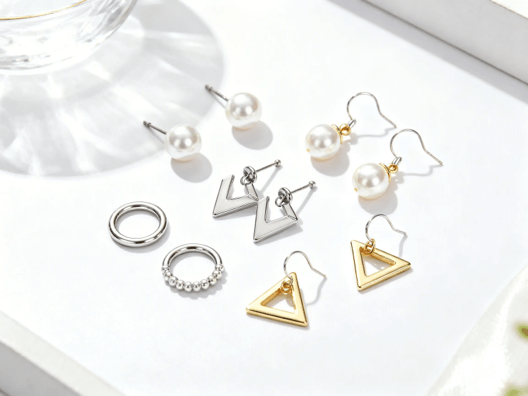 An assortment of silver-colored and gold-colored earrings on a white surface.
