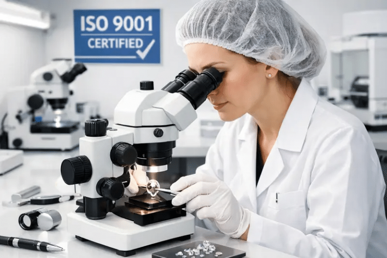 Professional ISO 9001 Jewelry quality control technician inspecting a diamond ring under a microscope