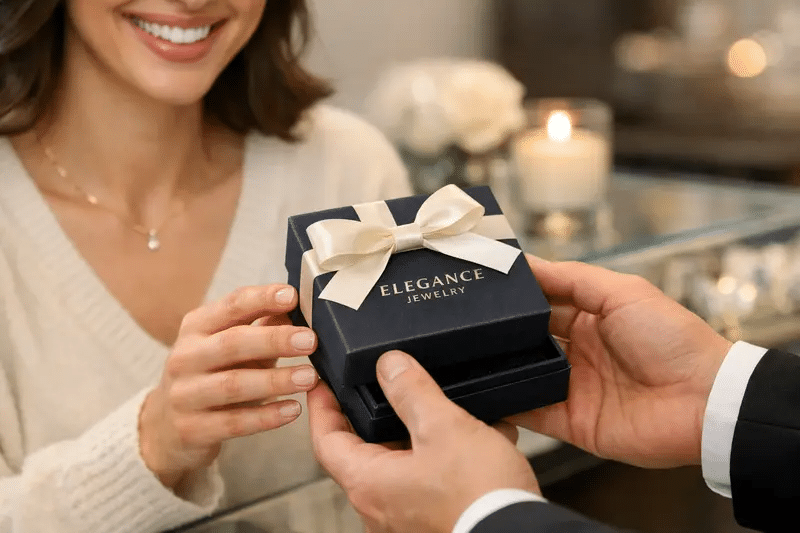 The Importance of ISO 9001 Jewelry Certification for Brands: A Complete Guide to Quality and Trust 4 Customer receiving a beautifully packaged jewelry box representing brand trust