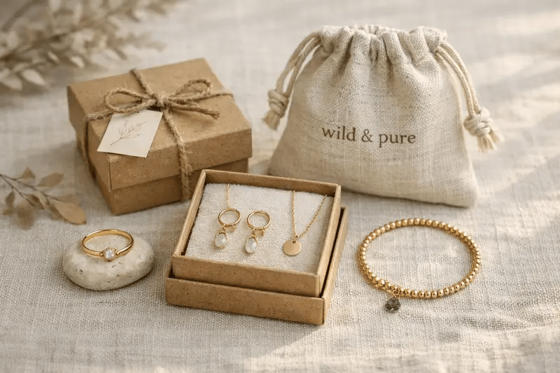 Small Batch Jewelry Manufacturing: Why Low MOQ is the Future for Modern Brands 4 Small batch jewelry in eco-friendly minimalist packaging