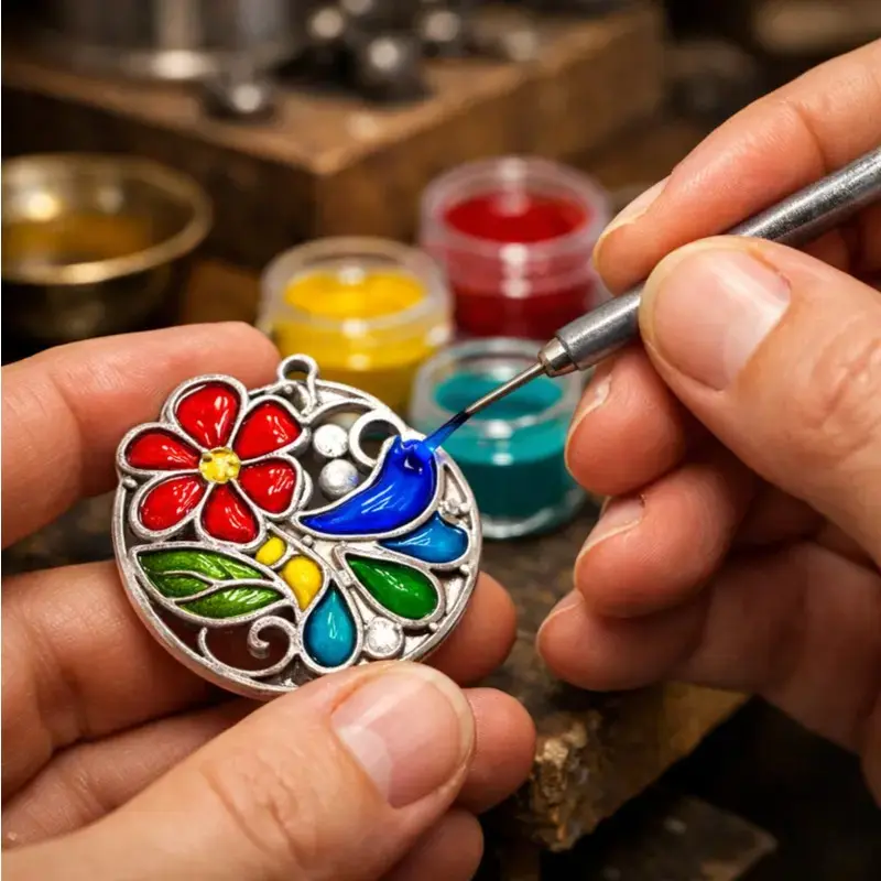 Enamel Jewelry Wholesale: Adding Color to Your Brand’s Collections 2 Artisan applying colortul enamel to a custom silver pendant