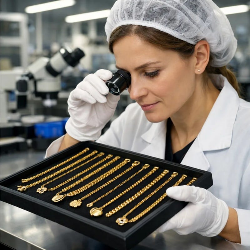 PVD vs Electroplating: Which is Better for Jewelry? The Ultimate Coating Method Deep Dive 4 Professional quality control image of a jewelry designer inspecting a tray of gold PVD coated necklaces
with a loupe in a modern factory.