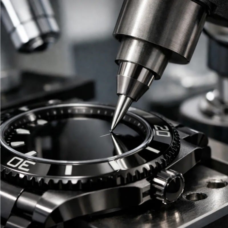 PVD vs Electroplating: Which is Better for Jewelry? The Ultimate Coating Method Deep Dive 2 Durability test on a PVD coated watch surface, showing a metal stylus attempting to scratch the
surface with no visible marks.