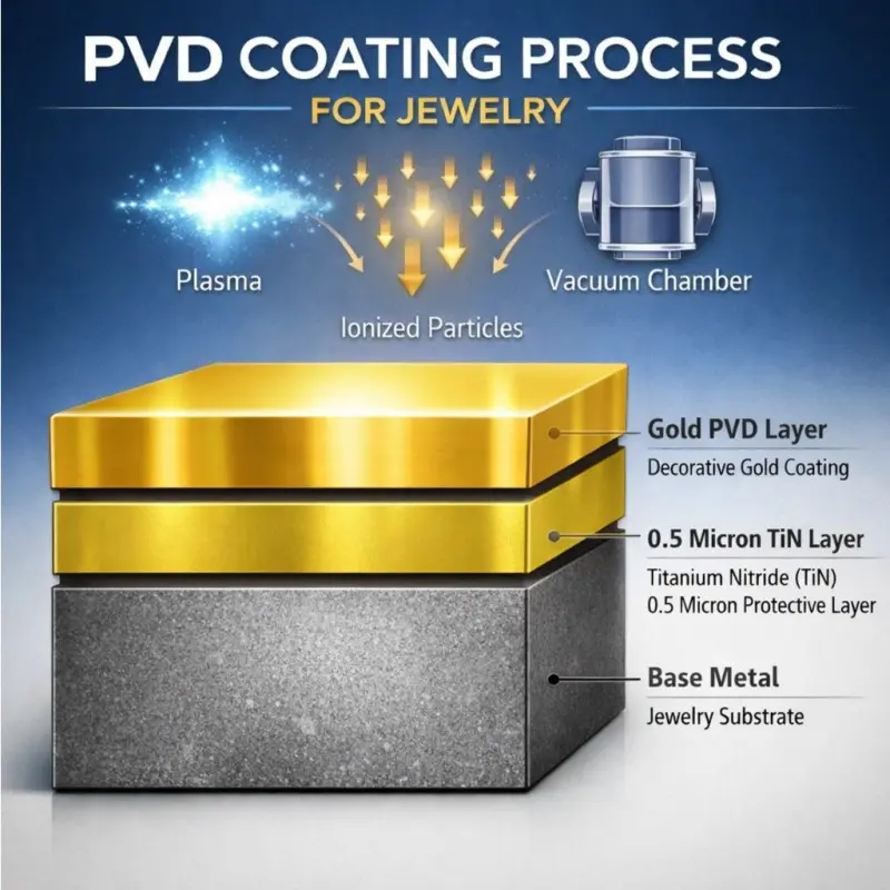 Stainless Steel vs Silver: A Wholesale Comparison for 2026 3 Technical diagram showing HonHo's 0.5 micron TiN protective layer in the PVD coating process.