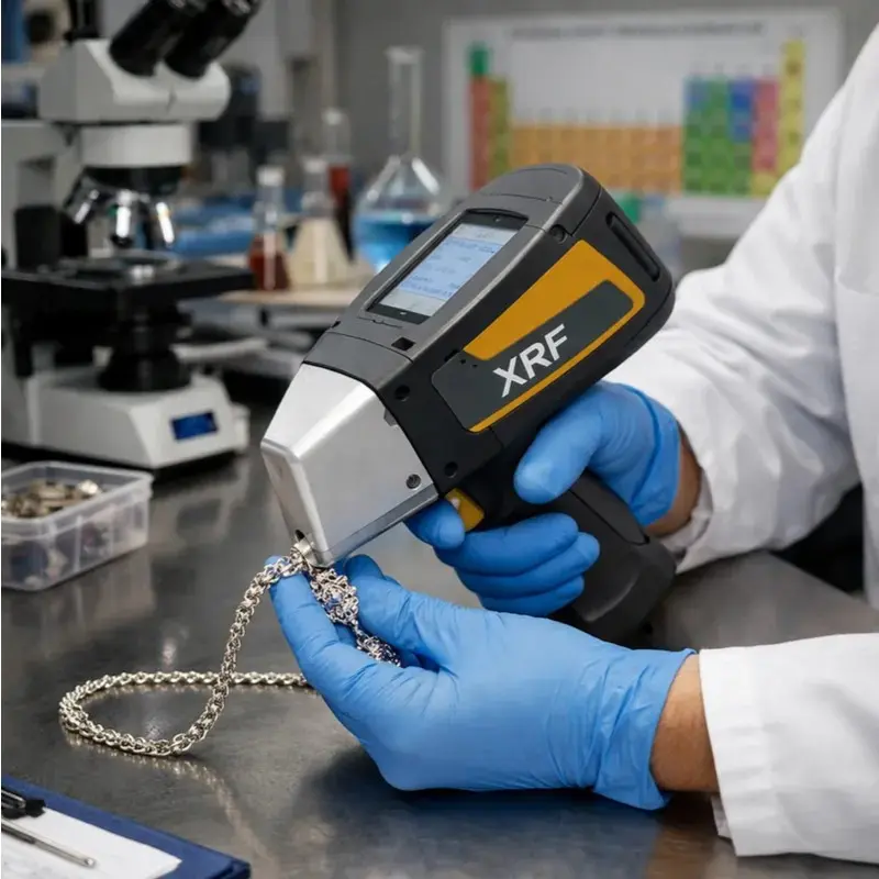 How to Dodge Jewelry Sourcing Risks from China: Your 2026 Playbook 2 Someone using a machine to check what a silver necklace is made of.