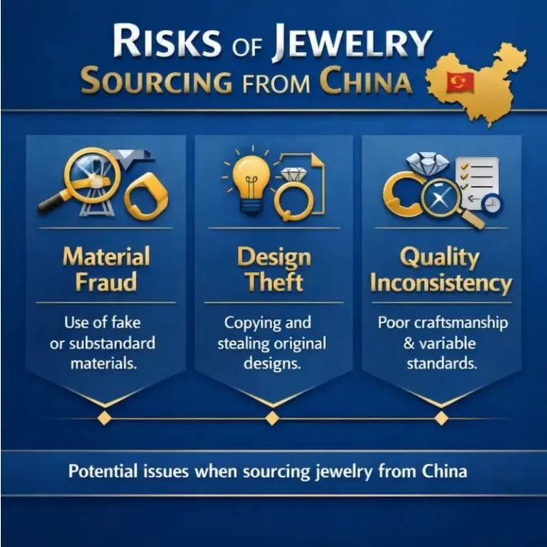 How to Dodge Jewelry Sourcing Risks from China: Your 2026 Playbook 1 How to Dodge Jewelry Sourcing Risks from China: Your 2026 Playbook, A picture that shows the problems with getting jewelry from China, like fake materials, stolen designs, and bad quality.
