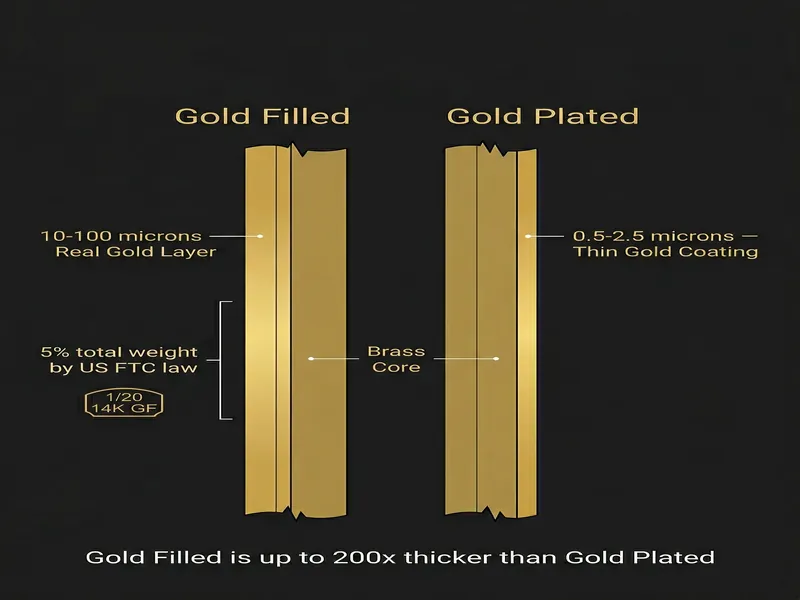 Gold Filled vs Gold Plated Jewelry: The Complete Guide (What Nobody Tells You) 4 gold filled vs gold plated cross section diagram 982e120cb51d44a0b8ccbd03e5648589