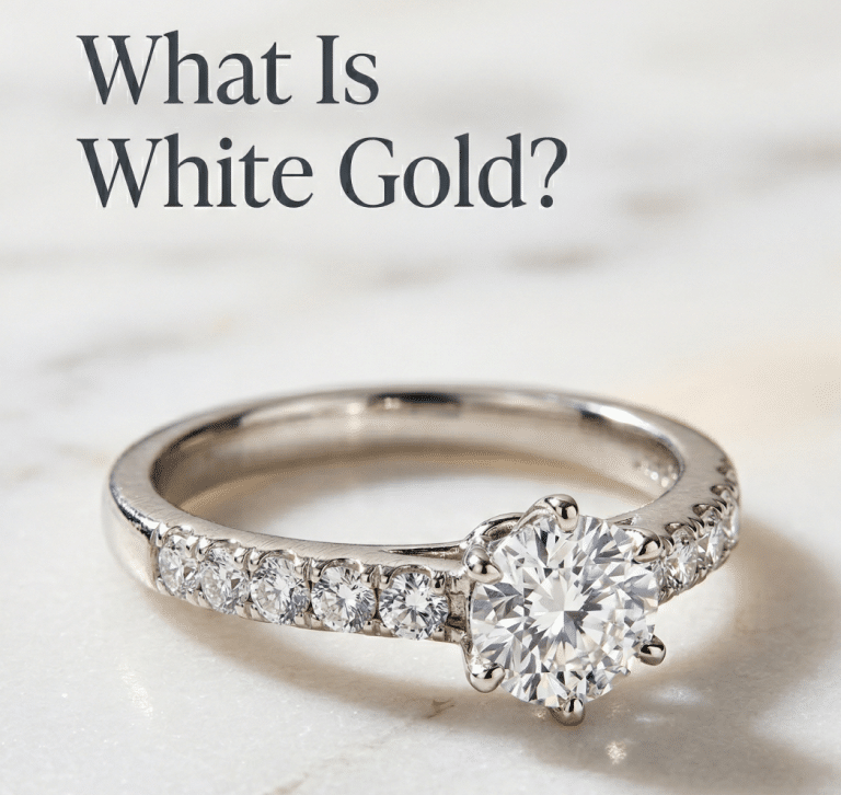 What is white gold – sparkling white gold diamond ring on marble