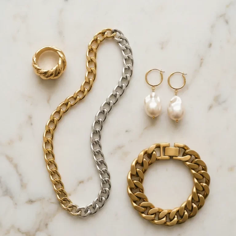 2026 jewelry trends flatlay stainless steel PVD gold and silver pieces