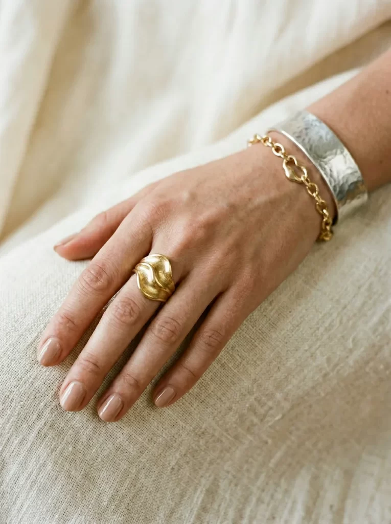 Jewelry Trends 2026: What's Actually Worth Buying (and Selling) This Year 1 sculptural gold ring mixed metal bracelet 2026 9bfd5ec5e9d34293bd948e23f20f720e