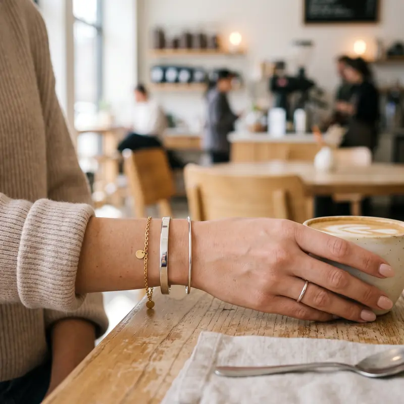 Stainless Steel Jewelry Styling stacked stainless steel bracelets on woman's wrist