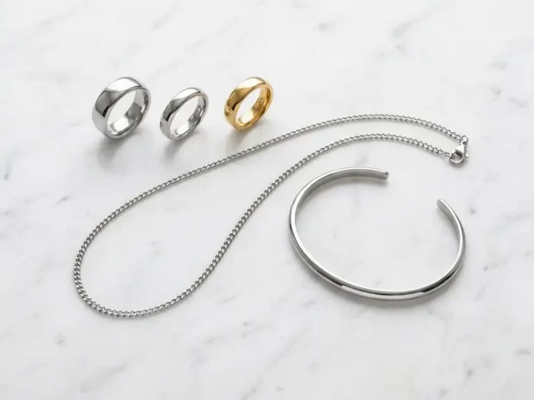 Is Stainless Steel Good for Jewelry ? Collection of stainless steel jewelry including rings necklaces and bracelets in silver and gold finish