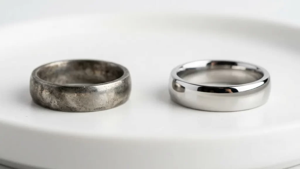 How to Clean Stainless Steel Jewelry: 7 Methods That Actually Work 2 stainless steel ring before after cleaning 47b930a663b04c38a8b4be170ed80d95