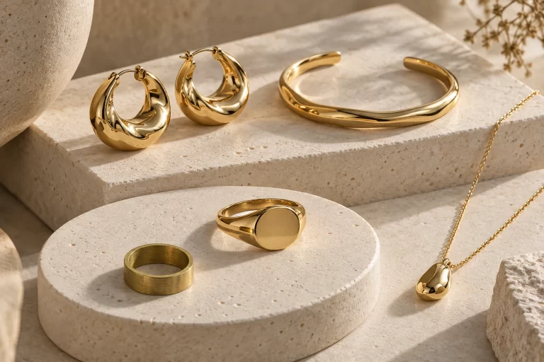 Gold-colored hoop earrings, cuff, signet ring and pendant necklace arranged on pale stone.