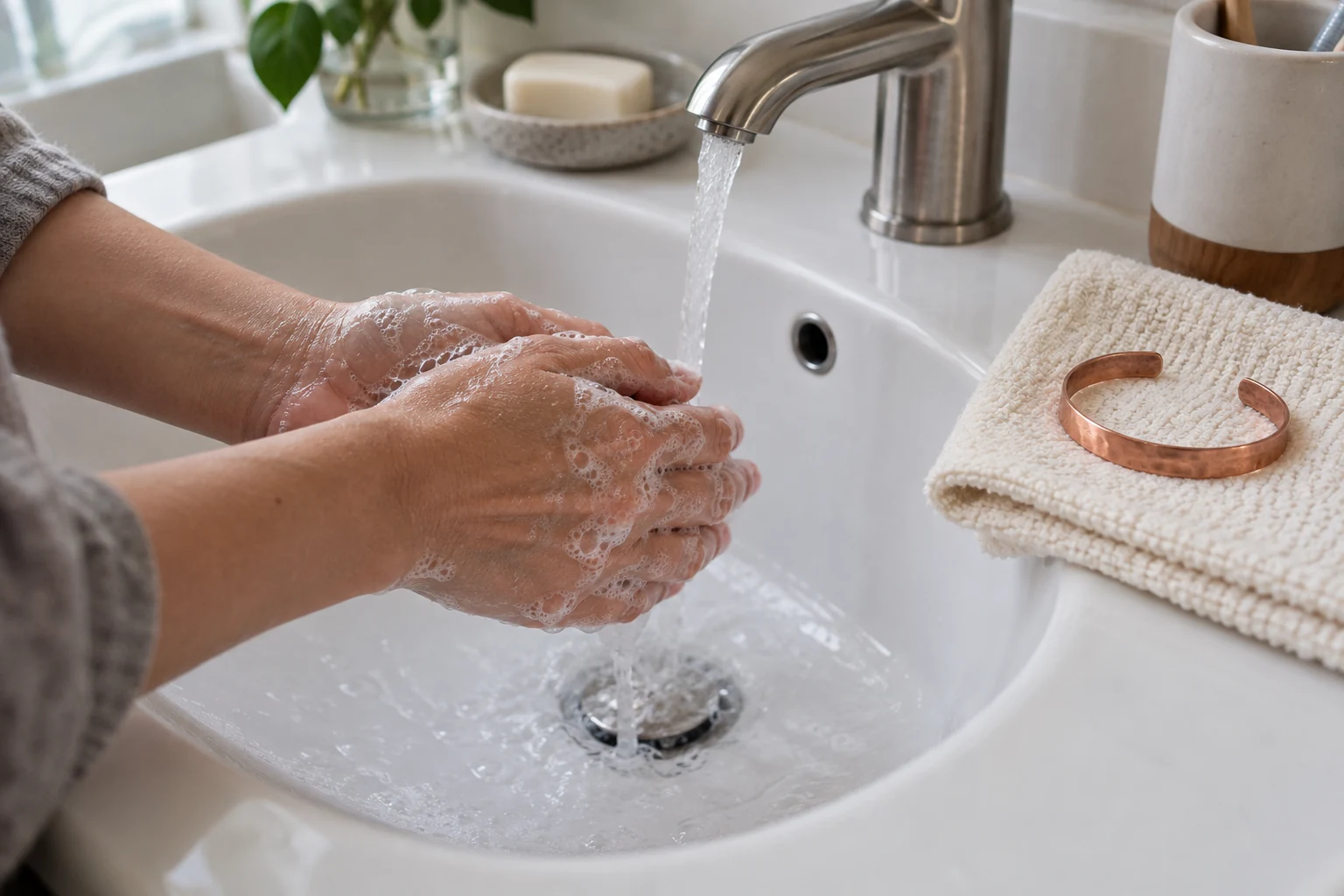 Hands being washed with mild soap beside a removed copper bracelet
