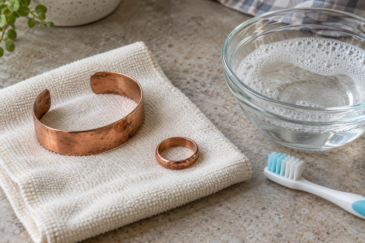 Copper ring and bracelet beside a bowl of mild soapy water and a soft cloth