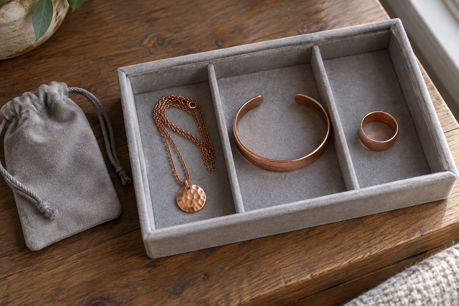Copper necklace, cuff and ring stored separately in a soft-lined jewelry organizer