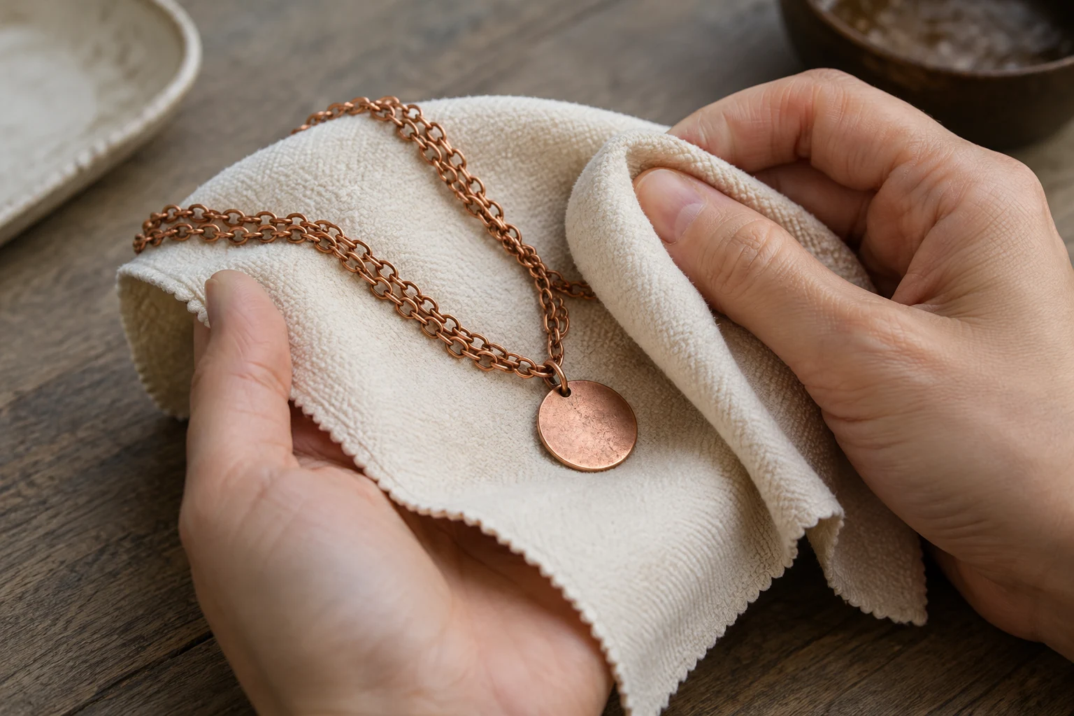 How to Clean Copper Jewelry at Home Naturally and Safely 4 Hands drying a copper chain necklace and round pendant with a soft cloth