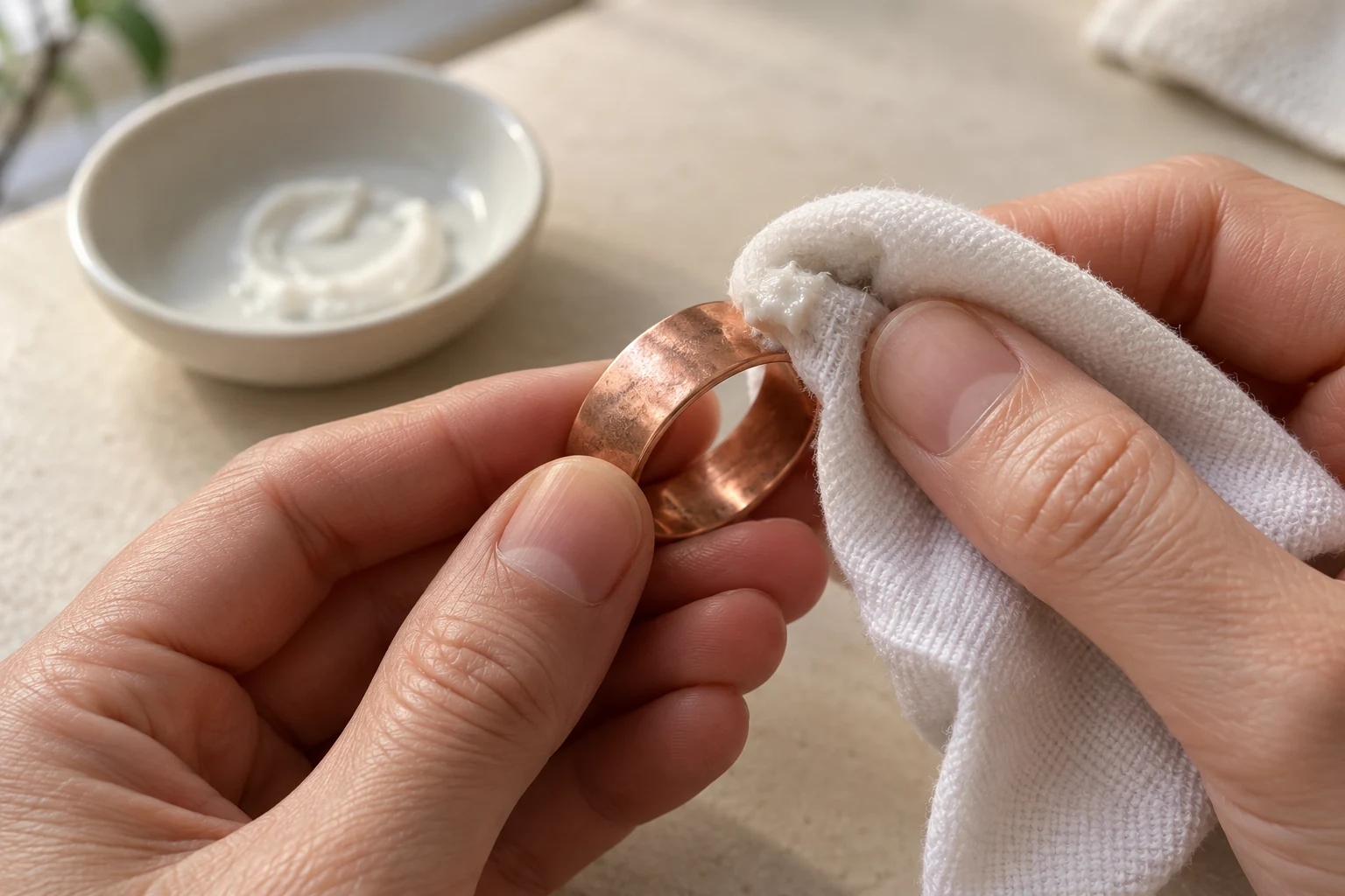 How to Clean Copper Jewelry at Home Naturally and Safely 2 Soft cloth applying a small amount of white cleaning paste to a plain copper ring