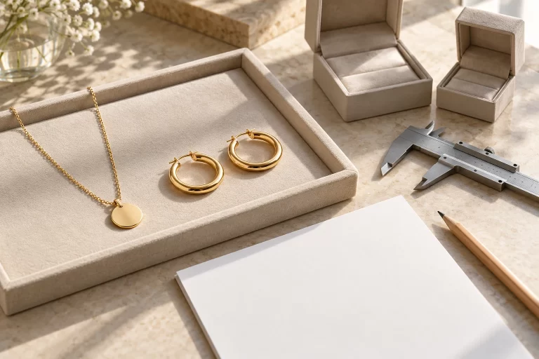 Round pendant necklace and hoop earrings beside a caliper, blank paper and jewelry boxes.