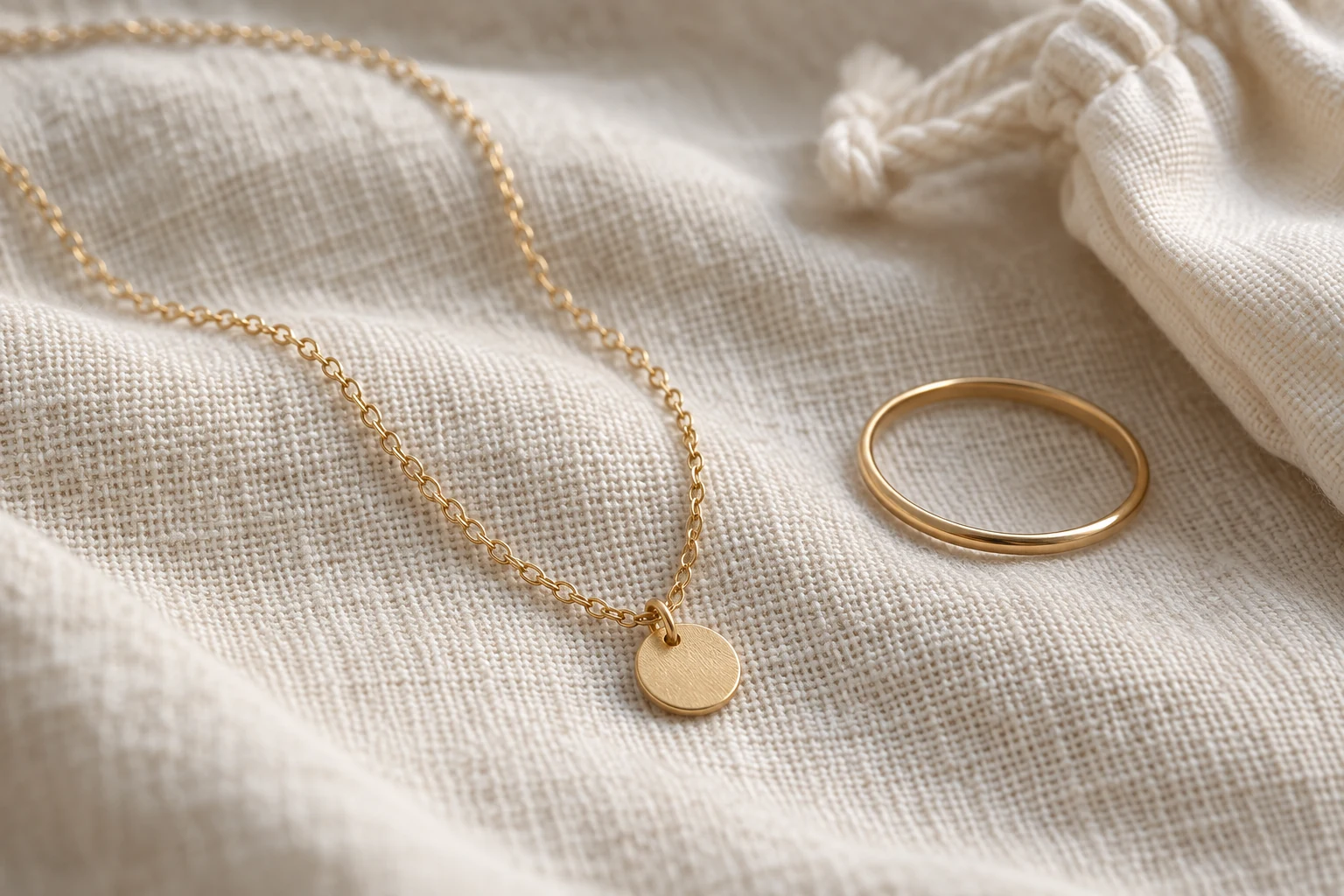 Gold-colored cable-chain pendant necklace and slim ring beside a fabric pouch on linen.