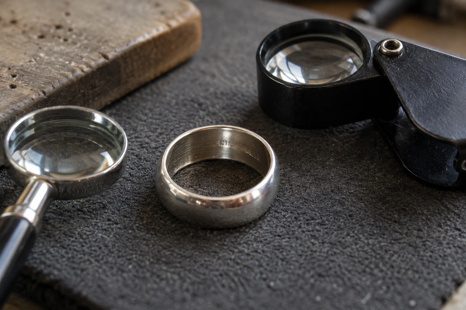 Jewelry Hallmarks Meaning Guide to Marks Stamps and Purity 4 Ring, jeweler's loupe and small magnifier arranged for checking jewelry marks