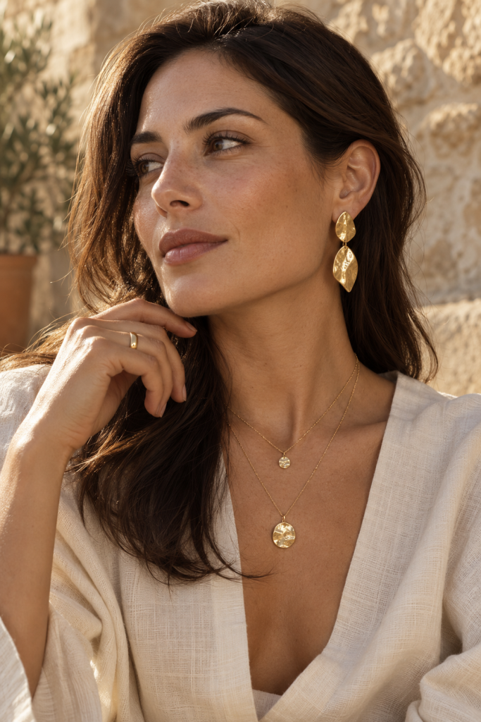 Model wearing sculptural gold-tone drop earrings and layered pendant necklaces