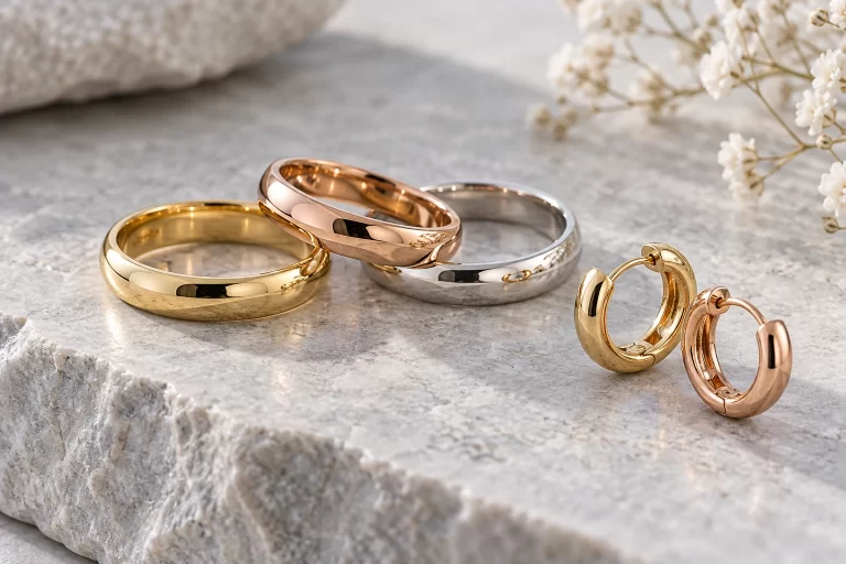 What Is Gold-Plated Jewelry? Materials and Buying Guide 3 Three rings in gold, rose and silver colors with two hoop earrings on pale stone.