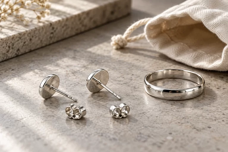 Allergic Reactions to Jewelry: Causes and Buyer Checks 1 Silver-colored stud earrings with separate butterfly backs beside a polished ring and cotton pouch.