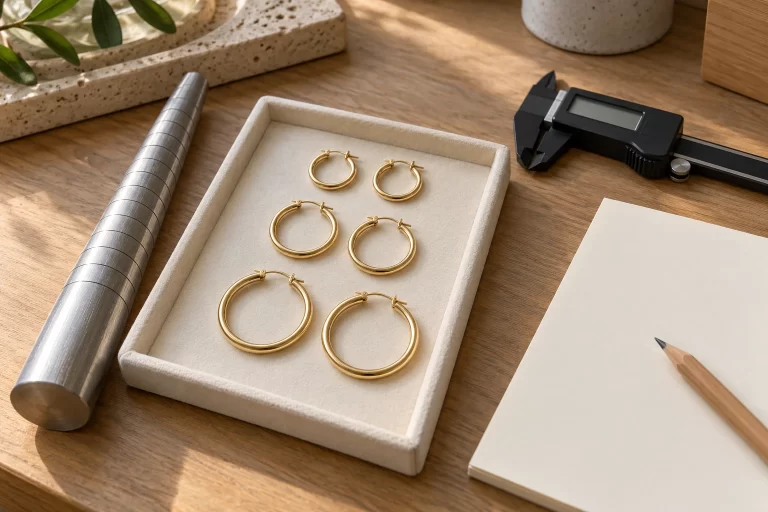 Choosing a Chinese Jewelry Supplier: A Buyer’s Checklist 7 Three pairs of gold-colored hoop earrings on a tray beside a caliper, ring mandrel and paper.