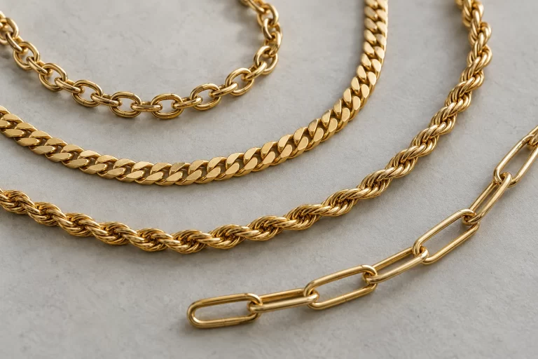 Types of Necklace Chains: Styles and Selection Guide 7 Cable, curb, rope and elongated-link chains arranged in rows on a gray surface.
