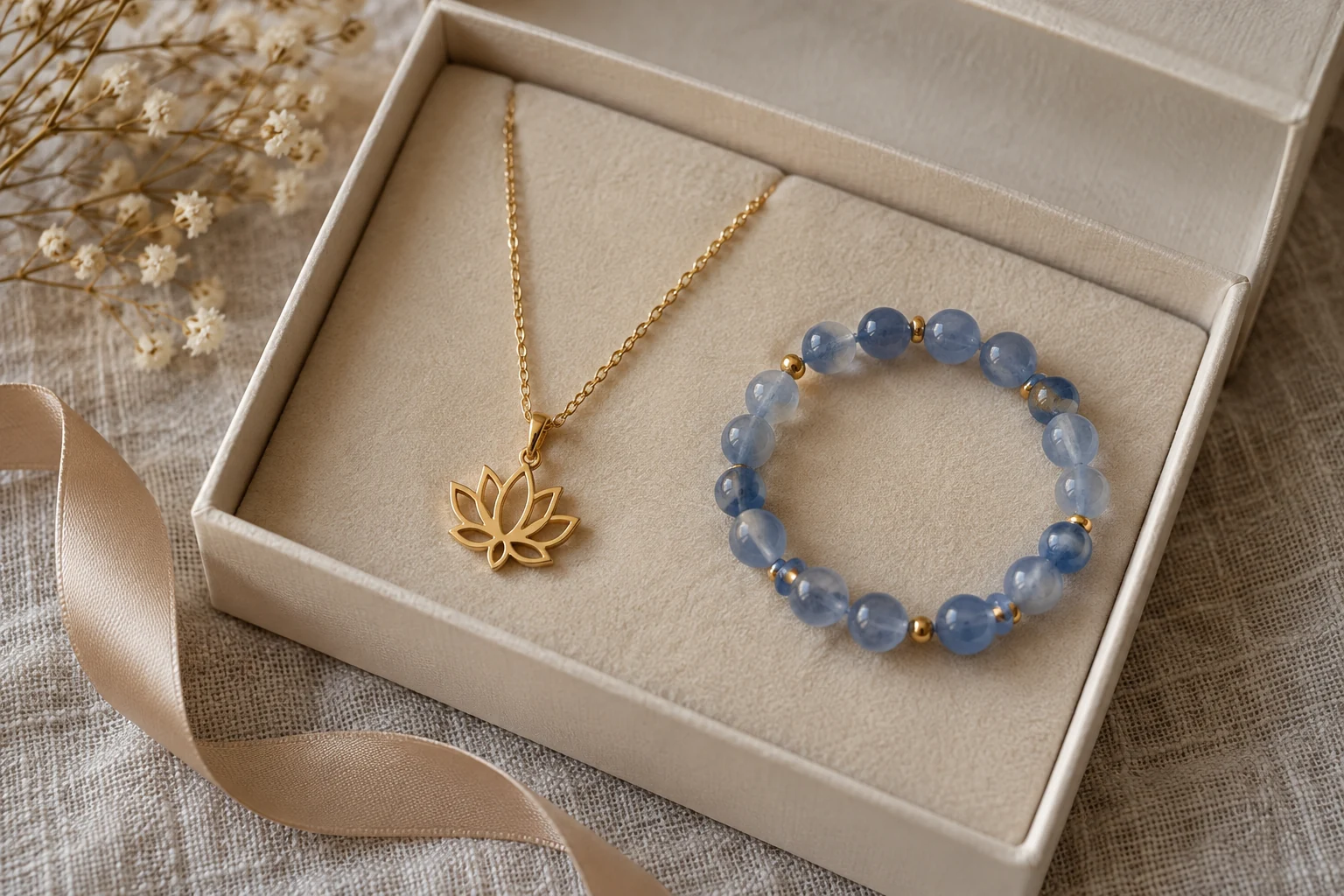 Spiritual Jewelry Symbols Guide- Meanings and How to Choose 5 Small lotus pendant necklace in a cream gift box with a blue beaded bracelet